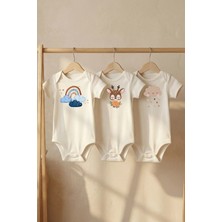 Pamuk Saray %100 Organik Geyik ve Gökkuşağı Hayvan Baskılı Kısa Kollu Çıtçıtlı Bebek Body Badi Zıbın