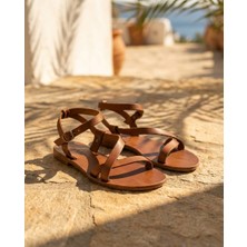 Türkbükü Sandalet Hakiki Deri Çapraz Bantlı Klasik Bodrum Sandaleti - Taba 61K