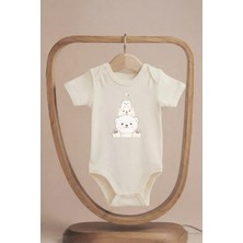 Pamuk Saray Organik %100 Pamuklu Sevimli Ayı Ailesi Baskılı Kısa Kollu Çıtçıtlı Bebek Body Badi Zıbın