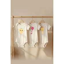 Pamuk Saray Organik %100 Pamuklu 3'lü Set Civciv ve Zürafa Baskılı Kısa Kollu Çıtçıtlı Bebek Body Badi Zıbın