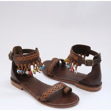 Türkbükü Sandalet Hakiki Deri Halhal Detaylı Nazar Boncuklu Bilekli Örgü Sandalet - Taba