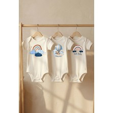 Pamuk Saray %100 Organik Gökkuşağı ve Uçan Ayı Hayvan Baskılı Kısa Kollu Çıtçıtlı Bebek Body Badi Zıbın