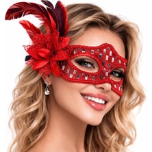 Uravas Store Kırmızı Tüylü Balo Maskesi Kadın Parti Aksesuarı