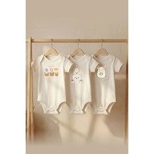 Pamuk Saray Organik %100 Pamuklu 3'lü Çiçek Ayıcık ve Fare Baskılı Kısa Kollu Çıtçıtlı Bebek Body Badi Zıbın