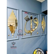 Lotuslazer Tasarım Vav Tablo 3’lü Mdf Üzeri Aynalı Pleksi Duvar Süsü Gold 60 cm Orta + 70X30 cm Yan Dekoratif Tablolar