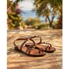 Türkbükü Sandalet Hakiki Deri Nikel Detaylı El Yapımı Bodrum Sandaleti - Taba Nikel Toplu 60K