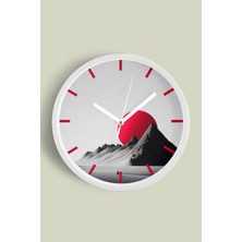 JHAAR Kırmızı Güneş Dağ Silüeti Modern Duvar Saati - Orta Boyut 25 cm - Beyaz Kasa - Camlı Sessiz