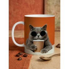 Nivra Grup Gözlüklü Sevimli Kedi Baskılı Porselen Dijital Baskı 330ML. Kahve Kupası