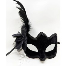 Buğz Siyah Süet Yandan Tüylü Incili Parti Maskesi