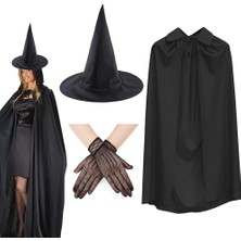 Uravas Store 120 cm Siyah Yakalı Cadı Pelerini Cadı Şapkası 1 Çift Siyah Kısa File Tüm Eldiven Seti 3 Parça