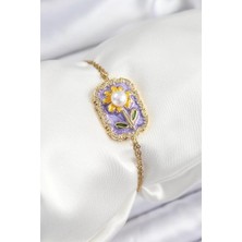 Uravas Store Çelik Zincir Mor Mineli Sanatsal Portre Inci Detaylı Papatya Model Gold Renk Kadın Bileklik -