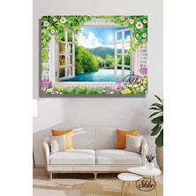 Şehzat Tekli, Yatay, Kanvas, Dekoratif, Duvar, Tablosu , Çiçekli Pencere, Göl Manzarası, Doğa,