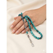 Turkuaz Siyah Reçine Tesbih - 7X12 mm Kapsül Kesim - Sedef Sıkma Püskül Gümüş Kaplama