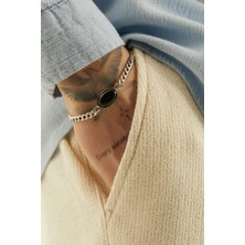 Fjellor Noır Cuban Zincir 925 Ayar Gümüş Siyah Doğal Taşlı Erkek Bileklik 17+5 cm Uzatmalı