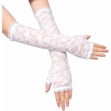 MiraLive Uzun Zarif Dantel Eldiven Parmaksız Beyaz 35 cm