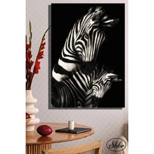 Şehzat Tekli Dikey Kanvas Dekoratif Duvar Tablosu Siyah Fonda Zebra ve Yavrusu