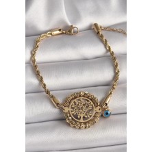 Uravas Store Çelik Gold Renk Burgu Zincir Model Dorika Yaşam Ağacı Figür Nazar Boncuk Detay Kadın Bileklik