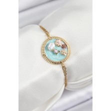 Uravas Store Çelik Zincir Turkuaz Mineli Sanatsal Portre Inci Detaylı Çiçek Model Gold Renk Kadın Bileklik