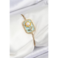 Uravas Store Çelik Zincir Turkuaz Mineli Sanatsal Portre Inci Detaylı Papatya Model Gold Renk Kadın Bilekli