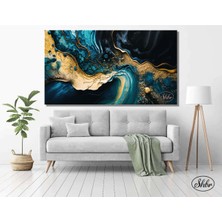 Şehzat Tekli Yatay Kanvas Tablo, Soyut, Turkuaz Gold Desenli, Dekoratif Kanvas Duvar Tablosu