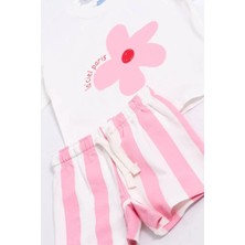 Magu Kız Çocuk Pamuklu Beyaz Çiçek Baskılı Tişört Şort Takım - Pembe Çizgili