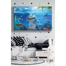 Şehzat Tekli Yatay Kanvas Tablo Köpekbalığı ve Balıklar Çocuk Odası Dekoratif Kanvas Duvar Tablosu
