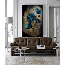 Şehzat Tekli Dikey Kanvas Duvar Tablosu Mavi Çiçek Dekoratif Kanvas Tablo