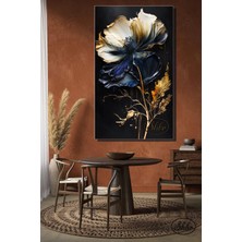 Şehzat Tekli, Dikey, Kanvas, Dekoratif, Duvar, Tablosu , Gold Yapraklı Lacivert, Beyaz, Çiçek, 3d,