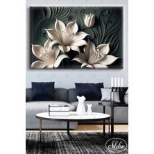 Şehzat Tekli Yatay Kanvas Dekoratif Duvar Tablosu Salon Yatak Odası Kafe Ofis 3D Beyaz Çiçekler