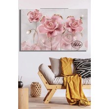 Şehzat Tekli, Yatay, Kanvas, Dekoratif, Duvar, Tablosu , Pembe Gold Detaylı 3D Güller,