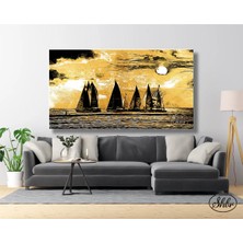 Şehzat Tekli Yatay Kanvas Tablo, Sürrealist Gün Batımında Yelkenliler Dekoratif Kanvas Duvar Tablosu
