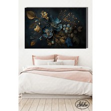 Şehzat Tekli Yatay Kanvas Dekoratif Duvar Tablosu Altın Efektli Lacivert Çiçekler 3D Illüstrasyon