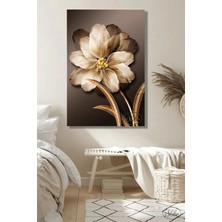 Şehzat Tekli Dikey Kanvas Tablo, Altın Efektli, Beyaz Çiçek, Dekoratif Kanvas Duvar Tablosu