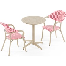 Tilia 2 Kişilik Polipropilen Masa Takımı Bej, Kırmızı Beyaz File (Moon Katlanır Masa Ø60 cm + Flash-N Kollu Sandalye) - Bahçe, Balkon, Teras, Veranda, Havuz Başı, Dış Mekan, Kafe, Restoran, Otel İçin