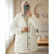 Modamorfo Boydan Düğmeli Cepli Pelüş Ceket -Ekru