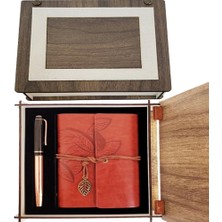 Uravas Store Özel Ahşap Kutulu Kahve Deri Defter Bakır Roller Kalem Set