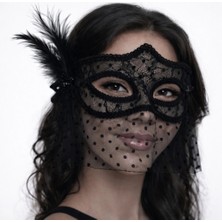 Buğz Siyah Dantel Tüllü Peçeli Parti Maskesi - Tüylü Inci Detaylı