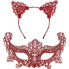 Buğz Romantik Kırmızı Dantel Maske Seti – Kedi Kulaklı Taç ve Maske No 3