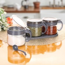 Sora Home® Gri 3lü Standlı Kapaklı Kaşıklı Cam Hava Sızdırmaz Baharatlık Takımı KC-386