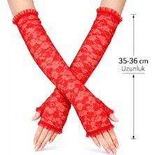 Buğz Uzun Zarif Dantel Eldiven Parmaksız Kırmızı 35 cm