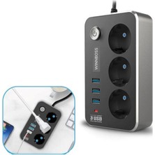 Sora Home® Isıya Dayanıklı Termal Akım Korumalı 2 mt 10A 2500W 3lü Priz 3 Usbi 21A Uzatma Kablos