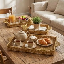 Sora Home® Iç Içe Geçebilen 3’lü Dikdörtgen Plastik Rattan Tepsi Seti–hasır Görünümlü Çok Amaçlı Se