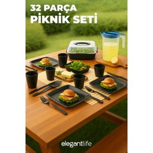 Plentiful 32 Parça Taşınabilir Antrasit Gri Siyah Piknik Seti Bardak, Tabak, Çatal, Bıçak, Kaşık, Saklama Kabı Dahil