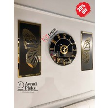Lotuslazer Tasarım 3 Parça Aynalı Pleksi Duvar Saati Seti – 50X50 cm Saat + 50X25 cm 2’li Yan Dekor – Sessiz Mekanizma – Gold Siyah