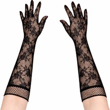 Buğz Siyah Uzun Gül Desenli Dantel Kadın Eldiveni