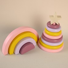 Zyt Tasarım Montessori 8'li Halka Kule Waldorf 4'lü Gökkuşağı Set Ahşap Oyuncak Dekor