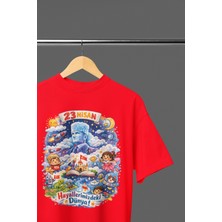 Ontunew 23 Nisan Baskılı Bisiklet Yaka Pamuklu Kısa Kollu Erkek ve Kız Çocuk Tişört