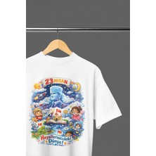 Ontunew 23 Nisan Baskılı Bisiklet Yaka Pamuklu Kısa Kollu Erkek ve Kız Çocuk Tişört