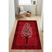 Pelura Halı Sakura Desenli Kırmızı Baskılı Kaymaz Yıkanabilir Salon Oturma Odası Mutfak Balkon Halısı Yolluk