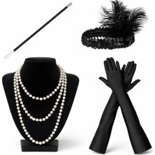 Buğz 1920’LER Çarliston Aksesuar Seti – Inci Kolye, Eldiven, Sigara Tutucu, Siyah Saç Bandı